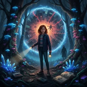 Young girl illustrated in a mysterious, drama-laden setting.