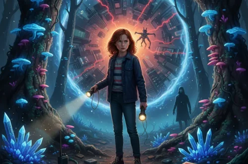 Young girl illustrated in a mysterious, drama-laden setting.