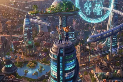 Wide view of Zootopia 2 characters in a modern cityscape.