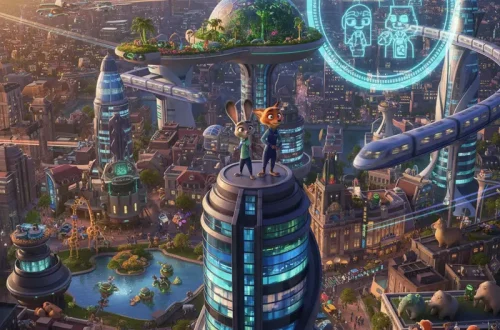 Wide view of Zootopia 2 characters in a modern cityscape.