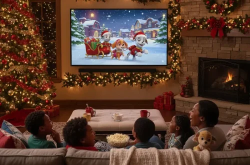 Children and parents watching 'Paw Patrol Christmas' with Christmas decorations in the background.